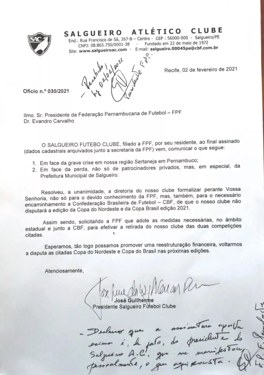 Salgueiro alega dificuldades e abre mão da Lampions e Copa do Brasil