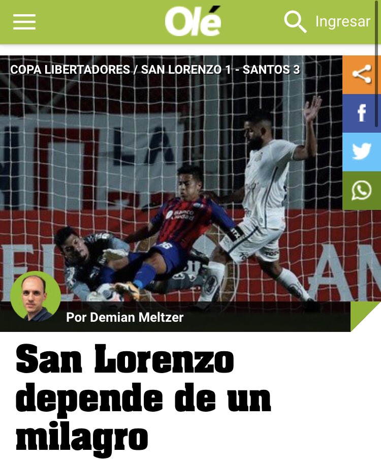 Capa do Di&aacute;rio Ol&eacute;, da Argentina, afirma que San Lorenzo precisa de um milagre contra o Santos