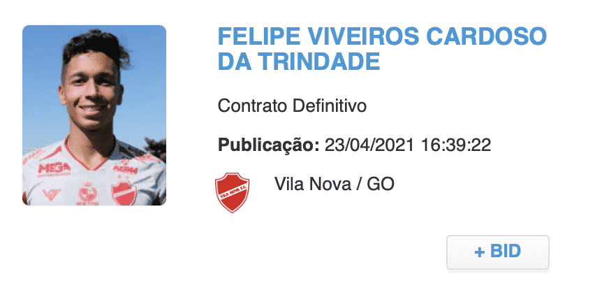 Nome de Felipe j&aacute; aparece no boletim informativo di&aacute;rio (BID) da CBF como atleta do Vila Nova (Foto: Reprodu&ccedil;&atilde;o/CBF)