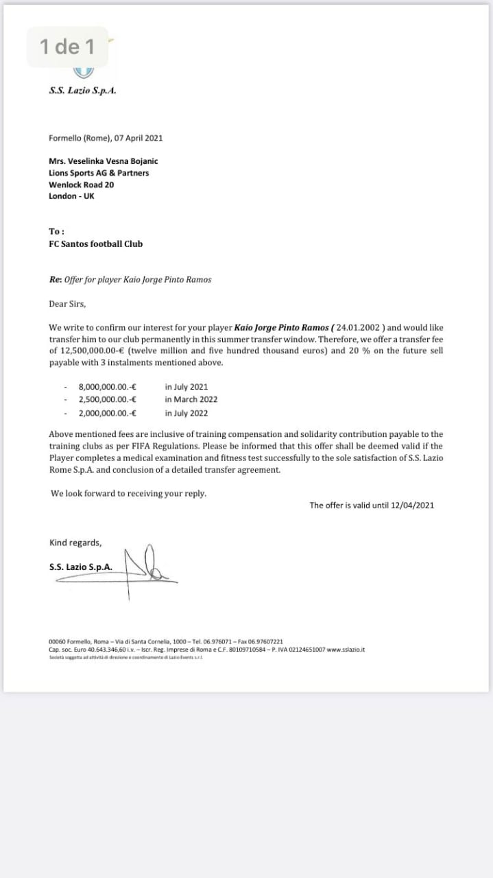 Santos recebe proposta milion&aacute;ria da Lazio por Kaio Jorge