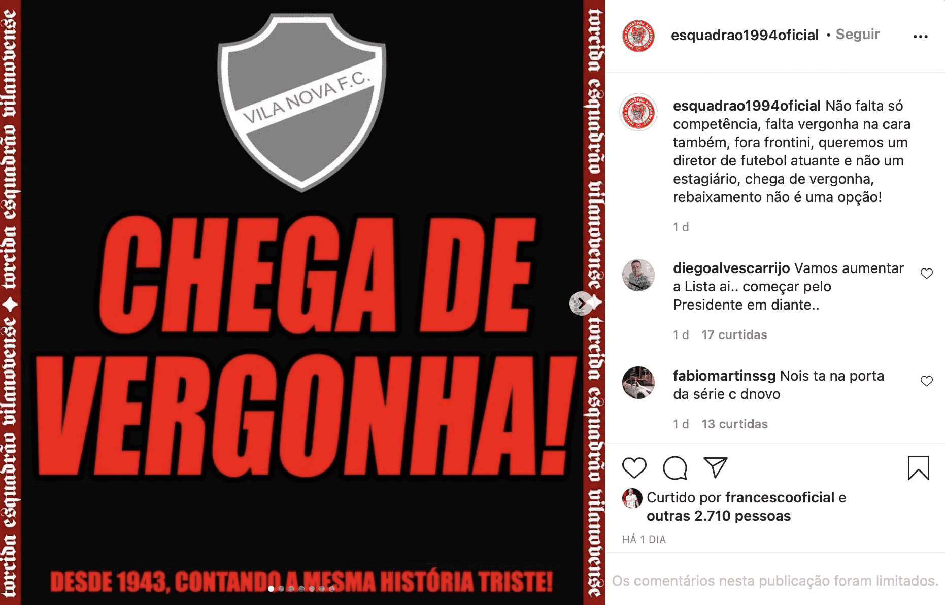 Publica&ccedil;&atilde;o da Torcida Esquadr&atilde;o Vilanovense (Reprodu&ccedil;&atilde;o/Instagram)