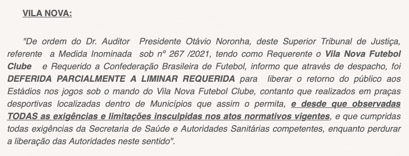Vila Nova tem libera&ccedil;&atilde;o do STJD para receber torcida no OBA (Reprodu&ccedil;&atilde;o/STJD)