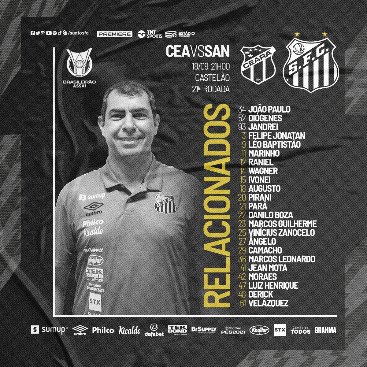 Santos relaciona 23 jogadores para enfrentar Cear&aacute;