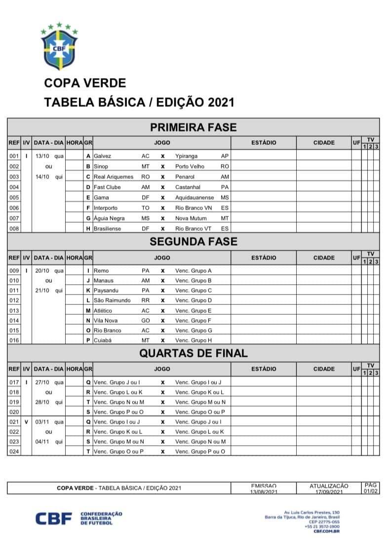 Tabela b&aacute;sica da Copa Verde, competi&ccedil;&atilde;o na qual o Vila Nova vai ser o representante do Estado (Reprodu&ccedil;&atilde;o/CBF)