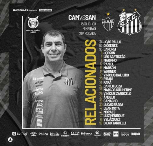Santos tem 23 jogadores relacionados para encarar o Atlético MG