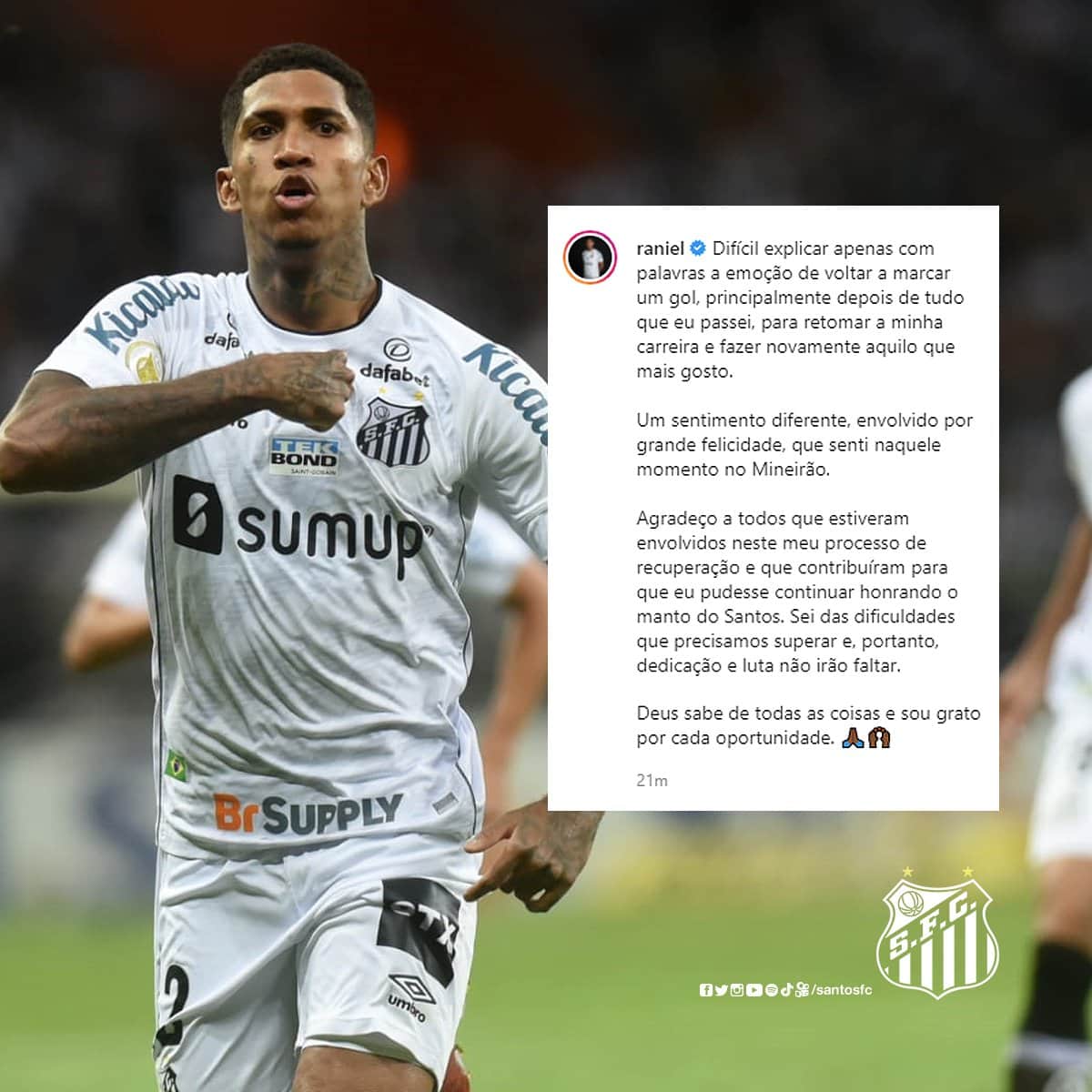 Raniel comemora gol pelo Santos: “Emoção de voltar a marcar um gol, principalmente depois de tudo que eu passei”