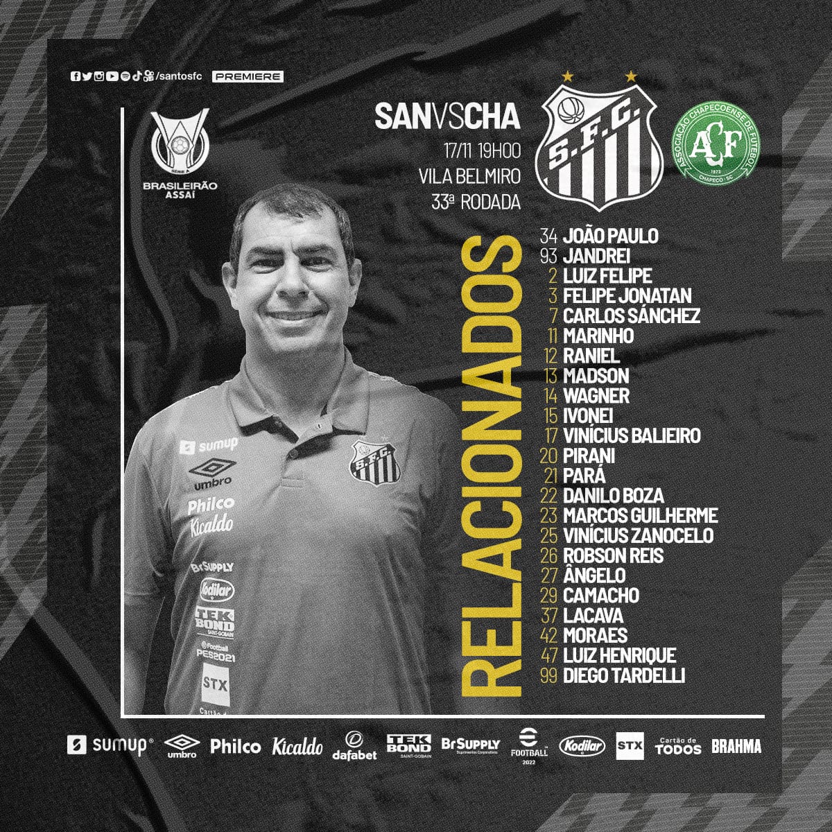 Santos relaciona 23 jogadores para enfrentar a Chapecoense