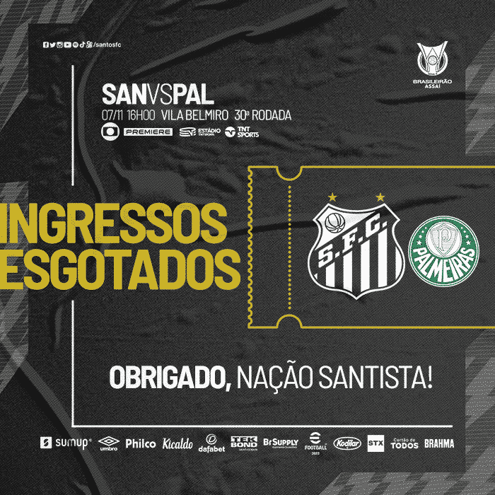 Torcida do Santos esgota ingressos para clássico contra o Palmeiras