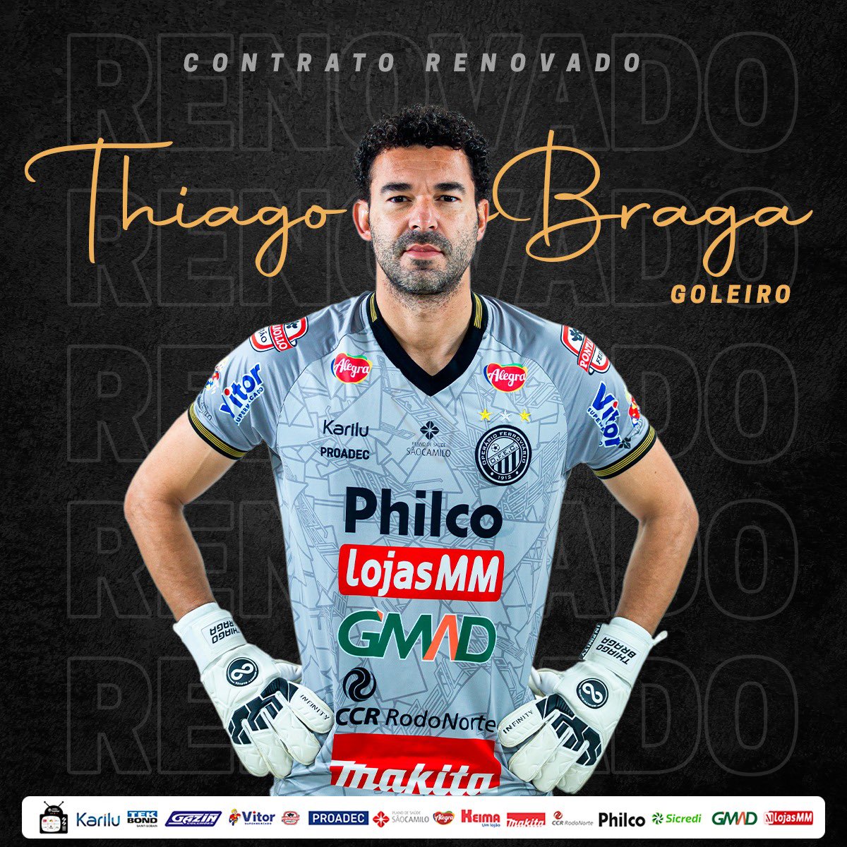 Contrato renovado! Oper&aacute;rio-PR anuncia perman&ecirc;ncia do goleiro Thiago Braga no clube
