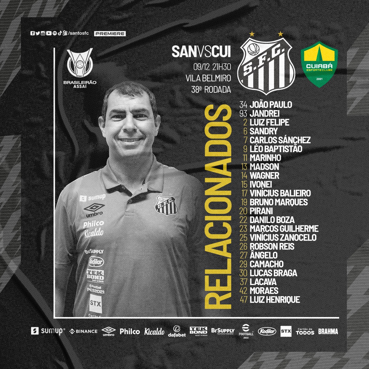 Santos relaciona 23 jogadores para enfrentar o Cuiab&aacute;