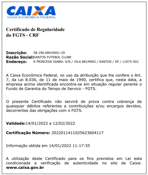 Santos recebe certificado de regularidade da Caixa