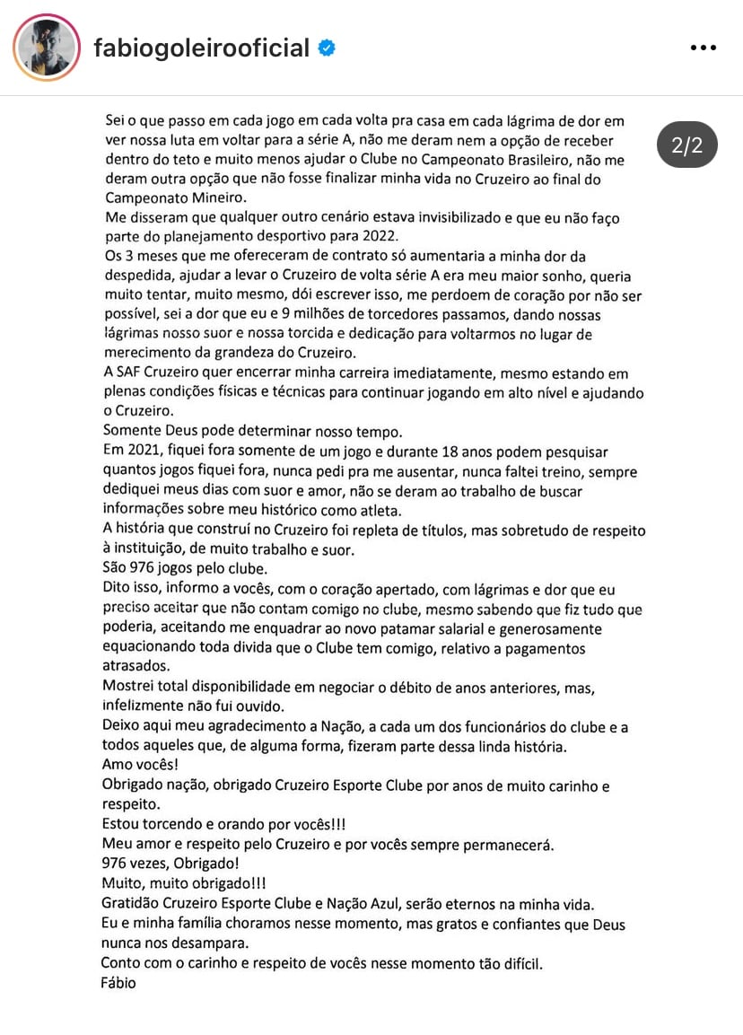 F&aacute;bio comunica sa&iacute;da do Cruzeiro ap&oacute;s 16 anos; "Dor e gratid&atilde;o", diz goleiro
