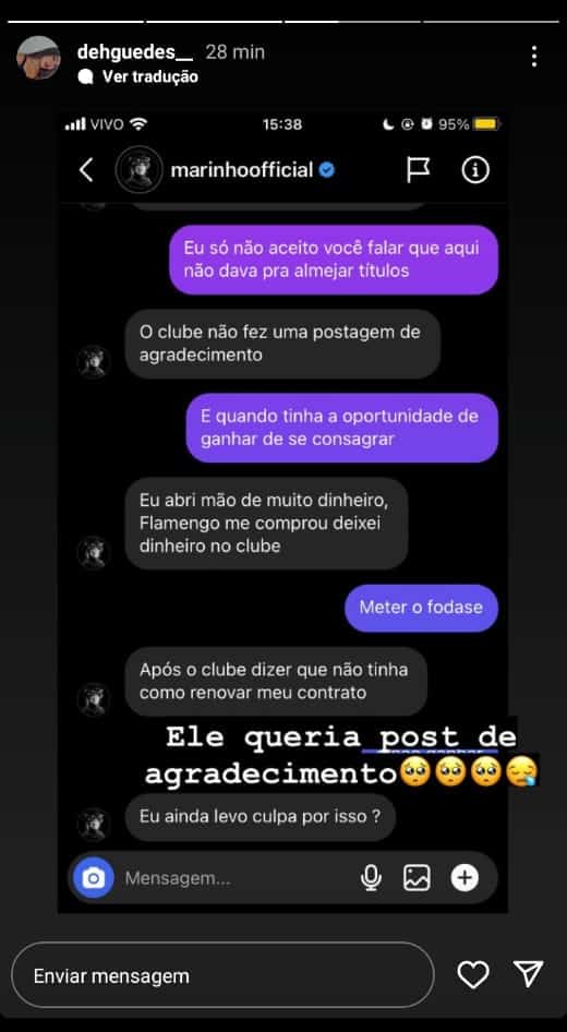 Marinho desabafa sobre polêmicas com o Santos: "Abri mão de muito dinheiro e o clube não fez uma postagem de agradecimento"
