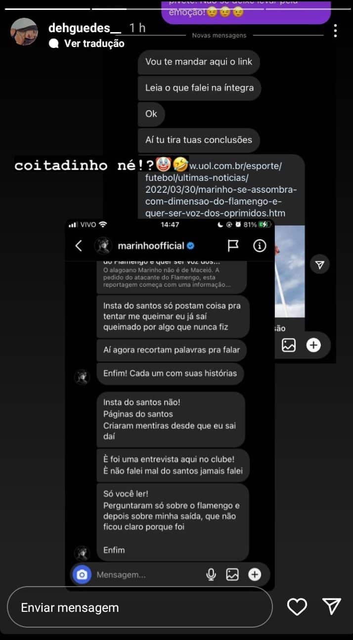 Marinho desabafa sobre pol&ecirc;micas com o Santos: "Abri m&atilde;o de muito dinheiro e o clube n&atilde;o fez uma postagem de agradecimento"