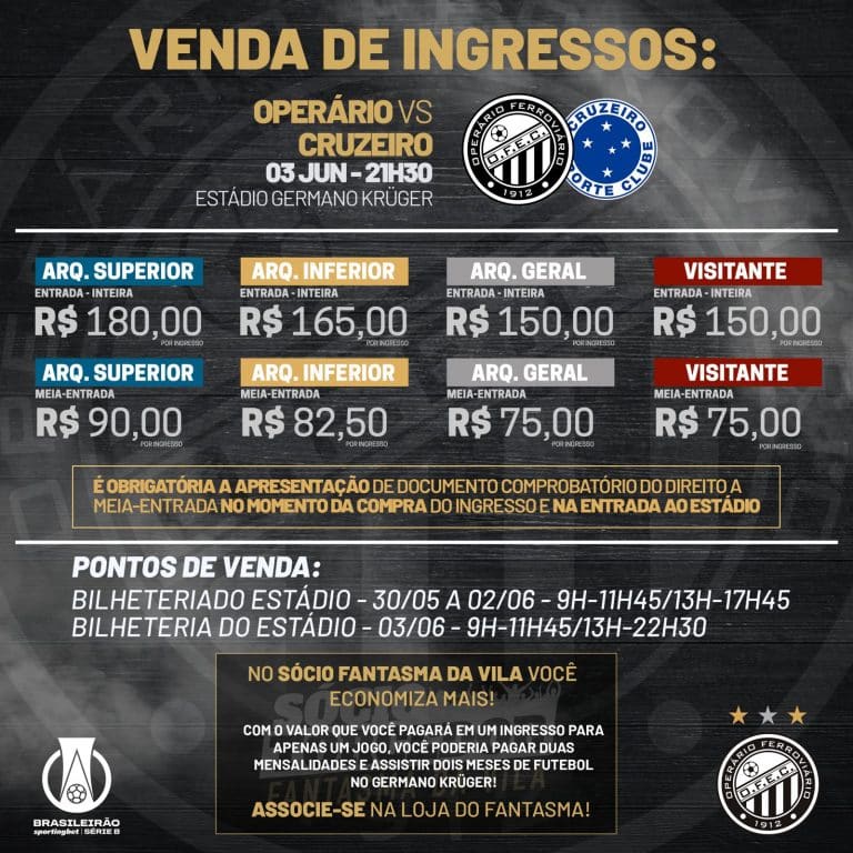 Servi&ccedil;o do jogo: Oper&aacute;rio-PR anuncia &agrave; venda para os ingressos contra o Cruzeiro
