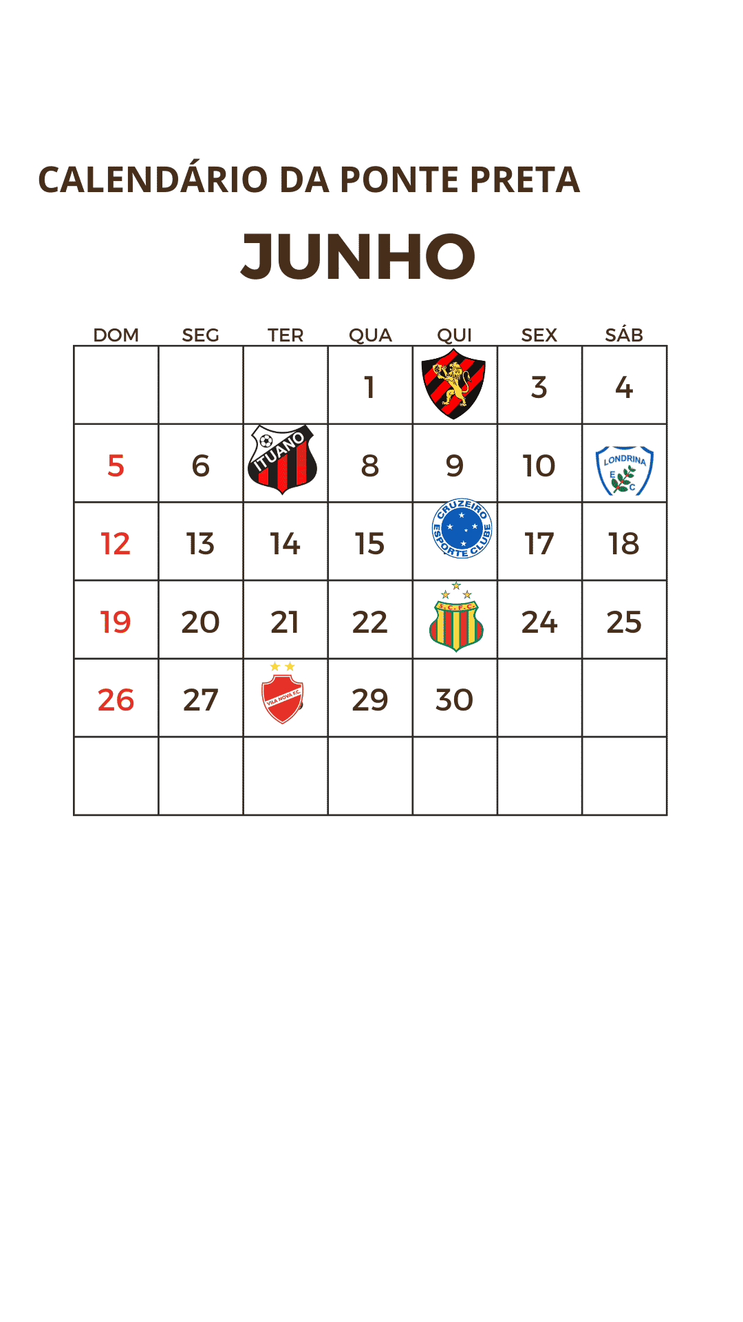 Calend&aacute;rio da Ponte Preta em junho