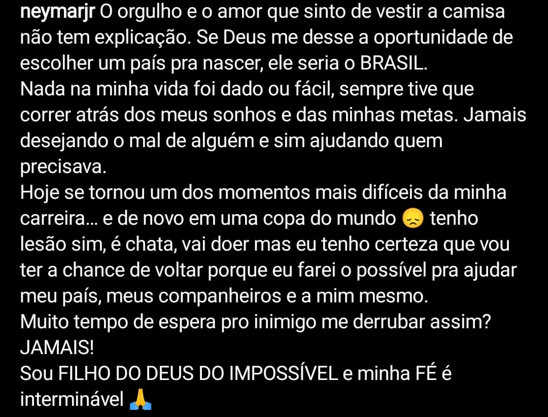 Neymar se pronuncia ap&oacute;s les&atilde;o: "Momentos mais dif&iacute;ceis da minha carreira"