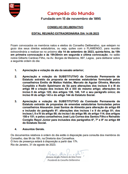 Conselheiros do Flamengo votarão emenda que amplia mandato de presidentes