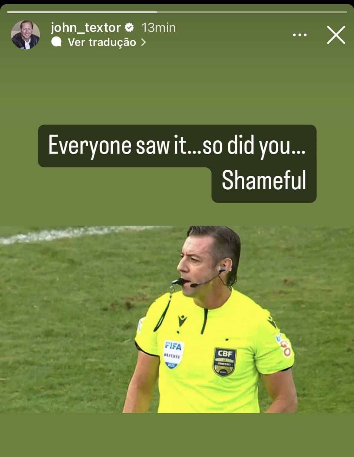 Textor fica na bronca com arbitragem ap&oacute;s derrota do Botafogo: 'Vergonhoso'