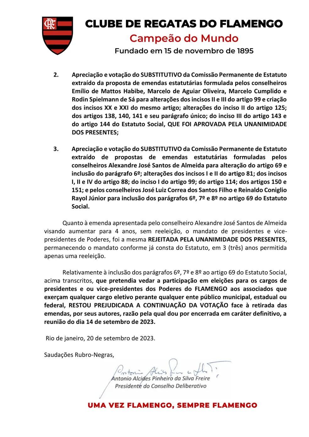 Flamengo: Emenda que pro&iacute;be candidatura de s&oacute;cios com cargos pol&iacute;ticos &eacute; retirada
