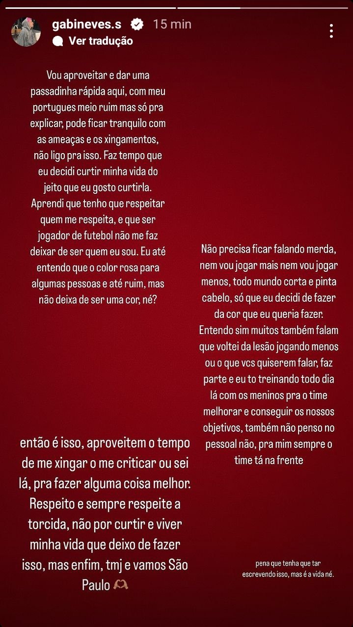 S&atilde;o Paulo: Gabriel Neves faz desabafo ap&oacute;s receber ataques de torcedores por novo visual